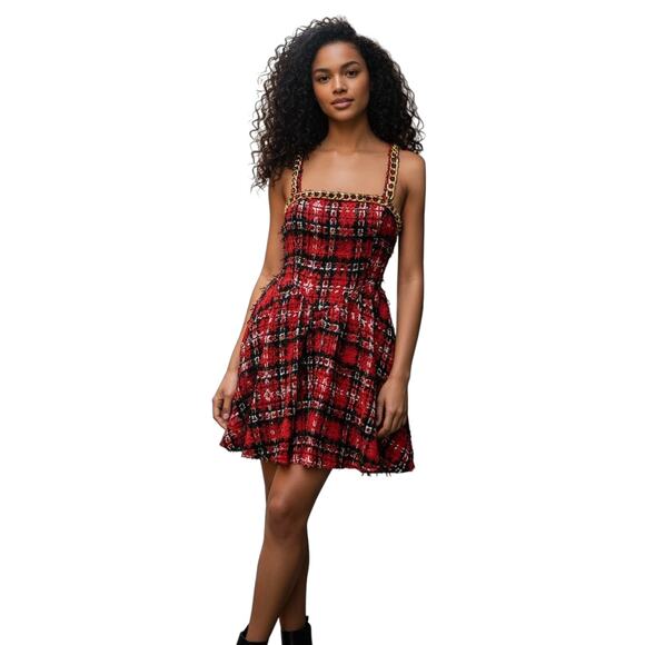 L’Atiste Womens Short Dress Medium Red Black Plaid Tweed Y2K Retro Holiday Party - Picture 1 of 10